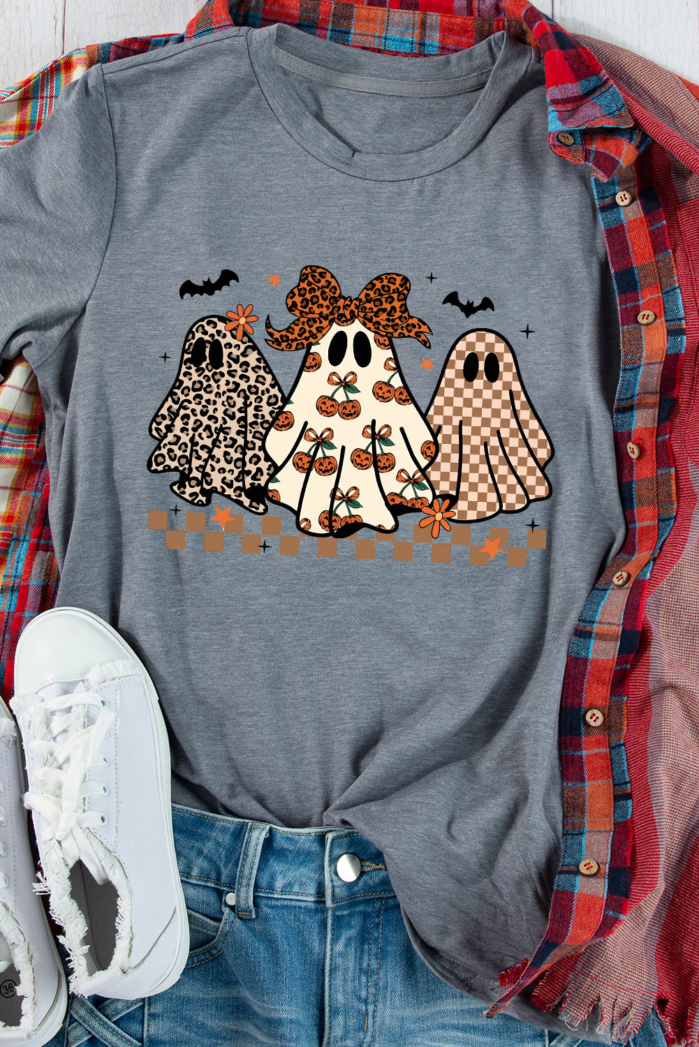 Halloween Ghost Trio Graphic Crew Neck Tee