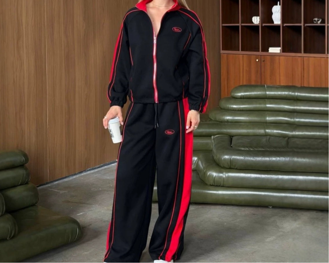 Y2K Colorblock Track Jacket Wide Leg Pants Set