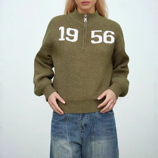 Women's Olive Green Half Zip Number Knit Sweater