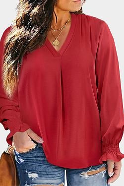 Pleated V Neck Puffy Sleeve Blouse Plus Size