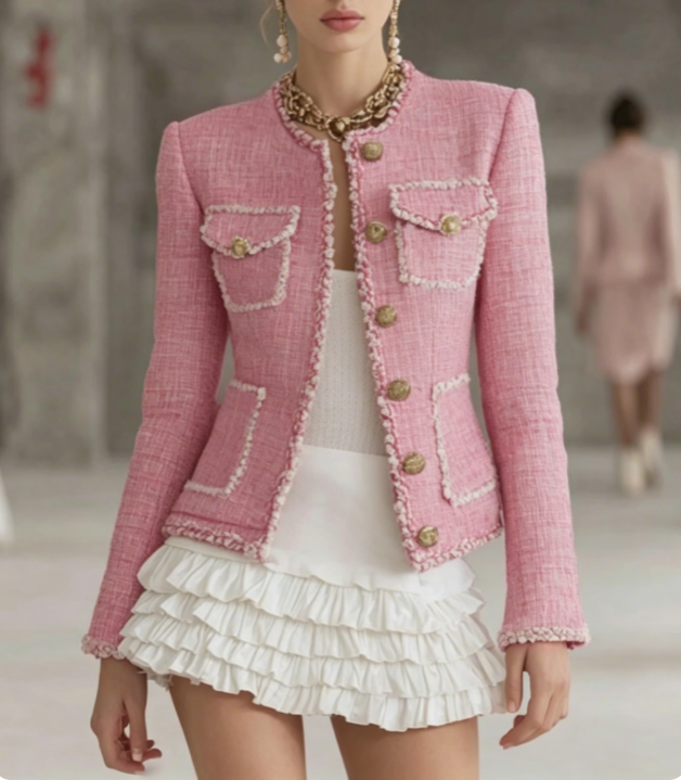 Pink Tweed Blazer Women Elegant Slim Fit Jacket