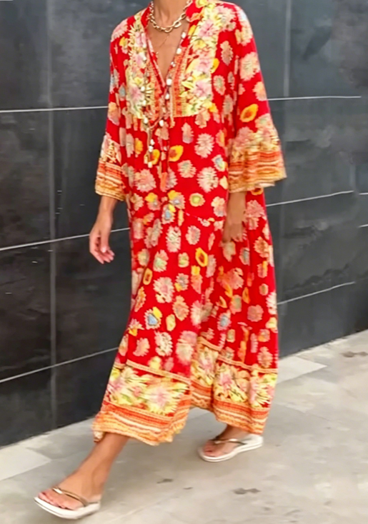 Women Boho Red Floral Long Sleeve V Neck Flowy Maxi Dress