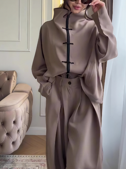 Women's Casual Matching Set Button Front Top Wide Leg Pants