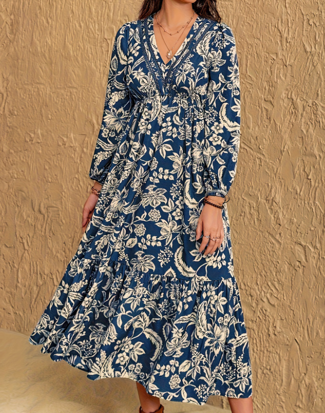Women's Boho Floral Lace V-Neck Long Sleeve Maxi Dress