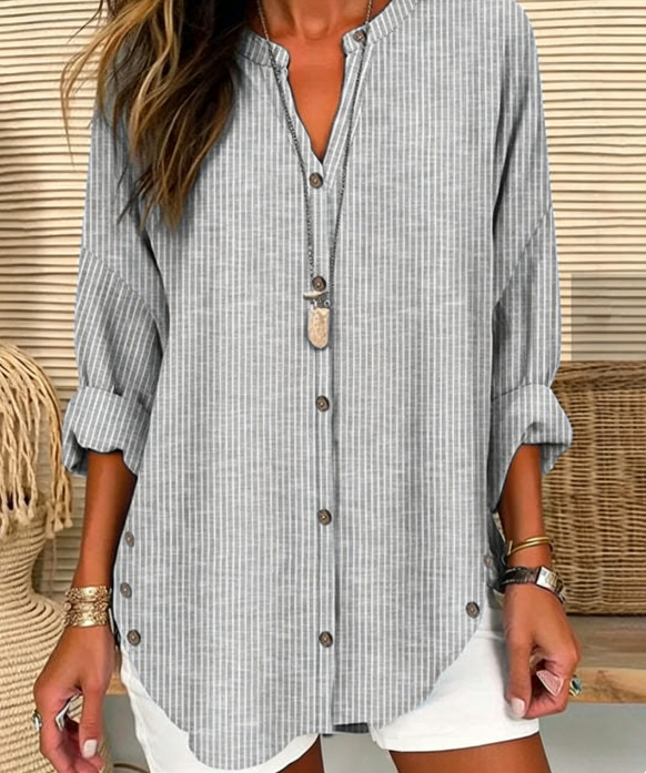 Womens Striped V Neck Button Down Long Sleeve Tunic Top