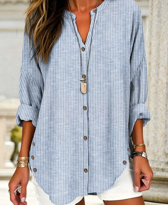 Womens Striped V Neck Button Down Long Sleeve Tunic Top