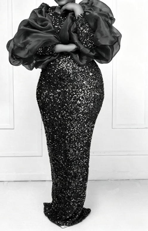 Plus Size Sequin Puff Sleeve Mermaid Evening Dress