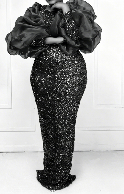 Plus Size Sequin Puff Sleeve Mermaid Evening Dress