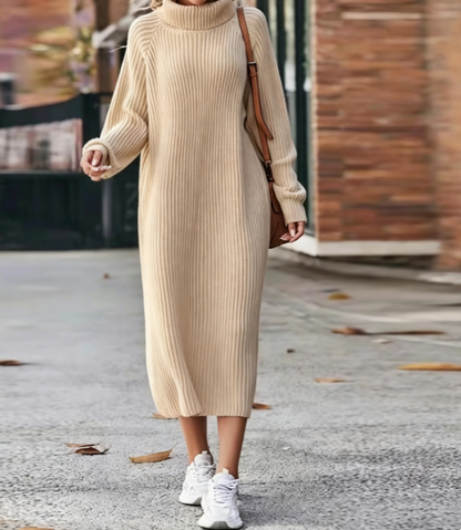 Oversized Ribbed Turtleneck Sweater Dress Long Sleeve Midi