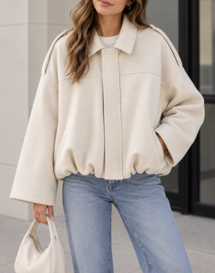 Womens Oversized Faux Suede Collared Zip Jacket