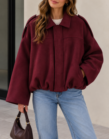 Womens Oversized Faux Suede Collared Zip Jacket