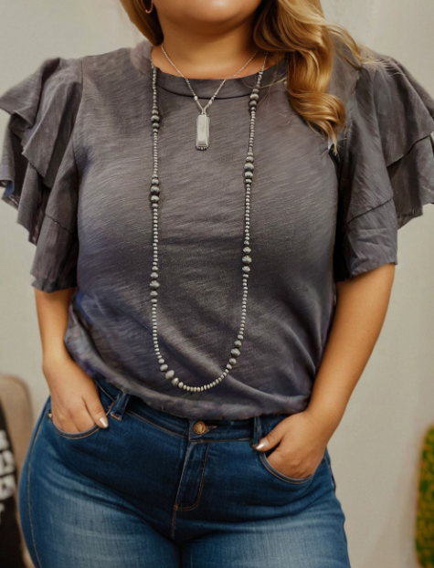 Dark Grey Double Ruffled Short Sleeve Plus Size Top