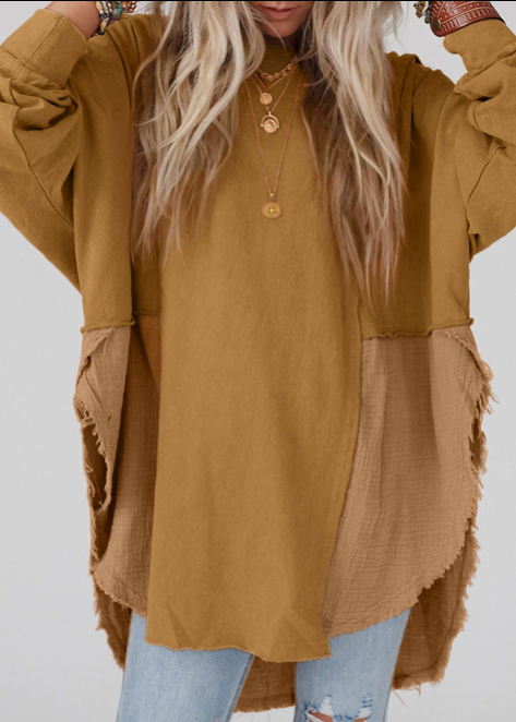 Oversized Crinkle Splicing Raw Hem Long Sleeve Top