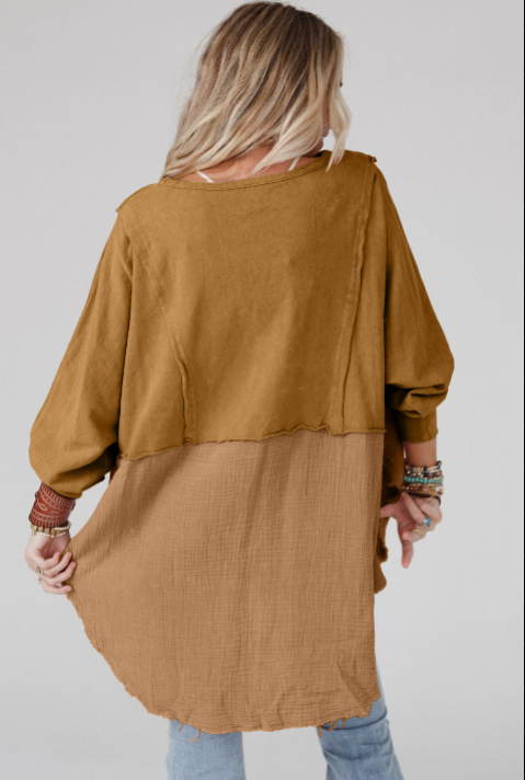 Oversized Crinkle Splicing Raw Hem Long Sleeve Top
