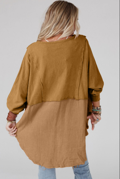Oversized Crinkle Splicing Raw Hem Long Sleeve Top