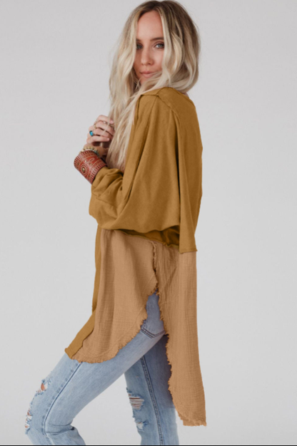 Oversized Crinkle Splicing Raw Hem Long Sleeve Top