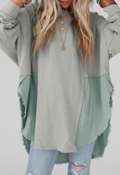 Oversized Crinkle Splicing Raw Hem Long Sleeve Top