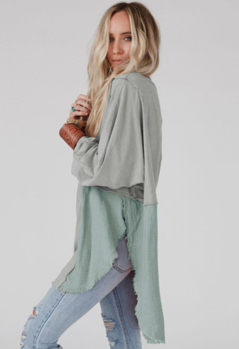 Oversized Crinkle Splicing Raw Hem Long Sleeve Top