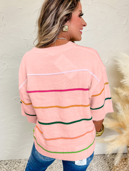 Colorblock Striped Half Sleeve Drop Shoulder Sweater