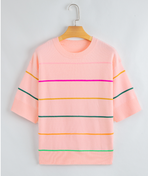 Colorblock Striped Half Sleeve Drop Shoulder Sweater