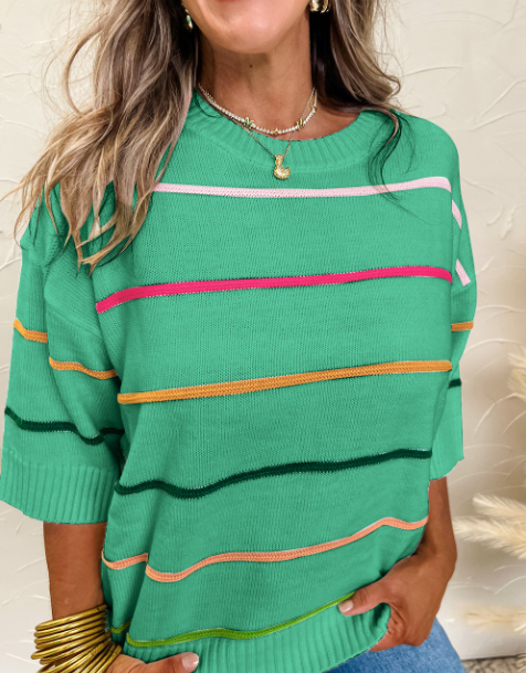 Colorblock Striped Half Sleeve Drop Shoulder Sweater