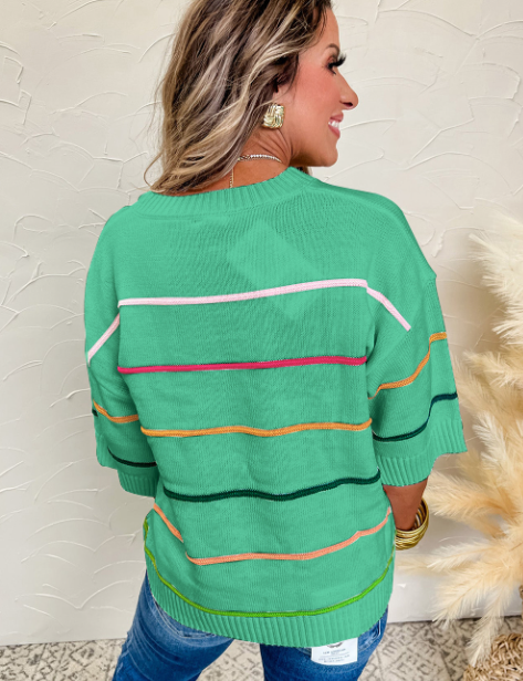 Colorblock Striped Half Sleeve Drop Shoulder Sweater